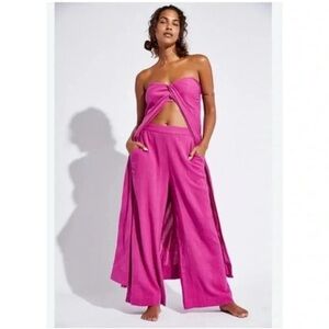 New Free People Banita Linen Wide Leg Pants Set Pink Small